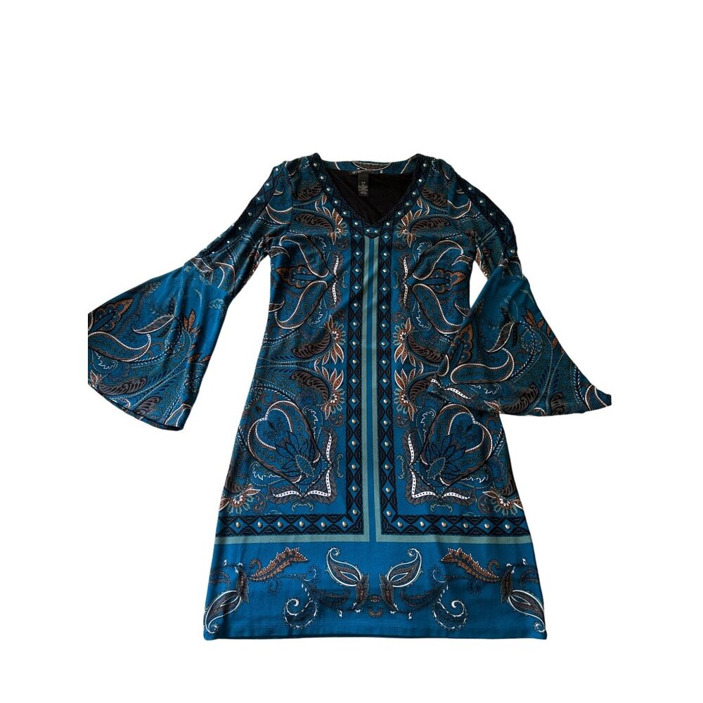 💖INC International Concepts Blue Paisley Bell Sleeve Dress P/M Poly & Spandex